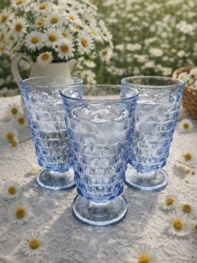 Retro Blue Glass Footed Tumblers | MCM Style Shuttered Pattern Drinkware Set / 3